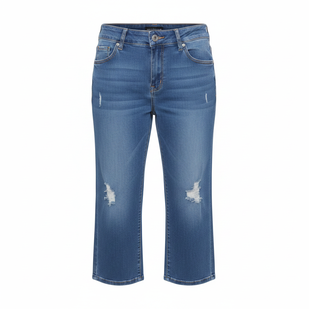 Blue Slightly Torn Denim Capri Trousers - Ghost Mannequin Front