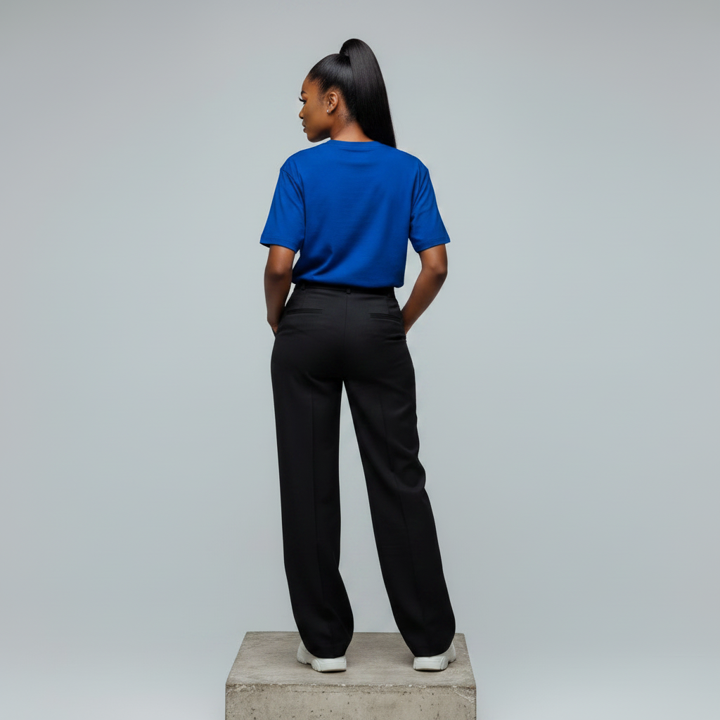 Nigerian female model back view wearing plain royal blue T-shirt - consistent model