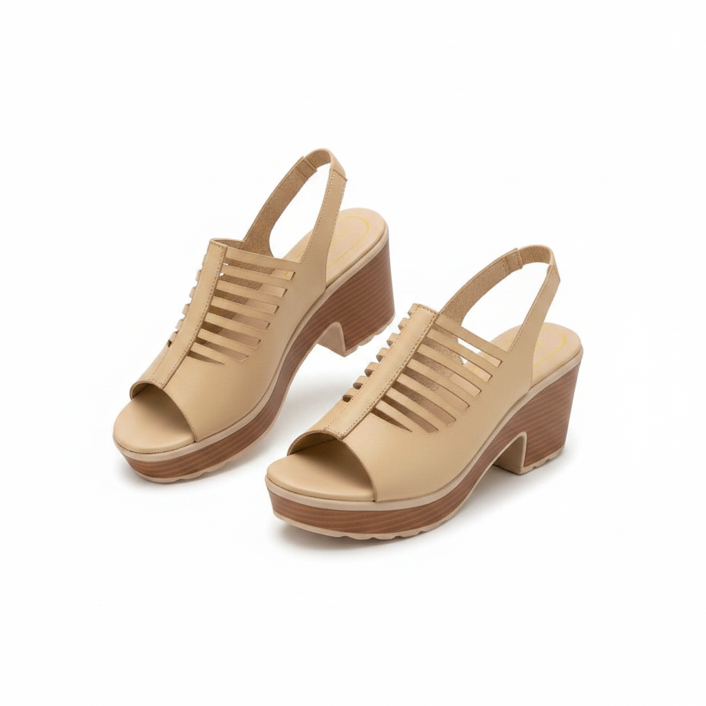 Women's Multi-Strap Peep-Toe Wedge Slingback Sandal - Beige Ghost Mannequin