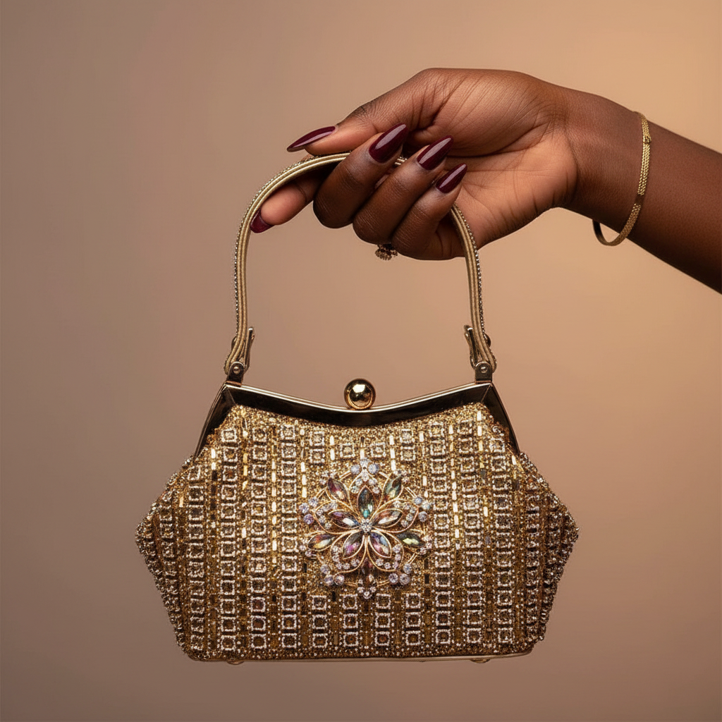 Black Nigerian woman's polished hand holding Enemuo Crystal Grid Brooch Frame Handbag in Gold