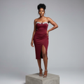 Burgundy Rhinestone Strapless Bodycon Midi Dress - Model Shot