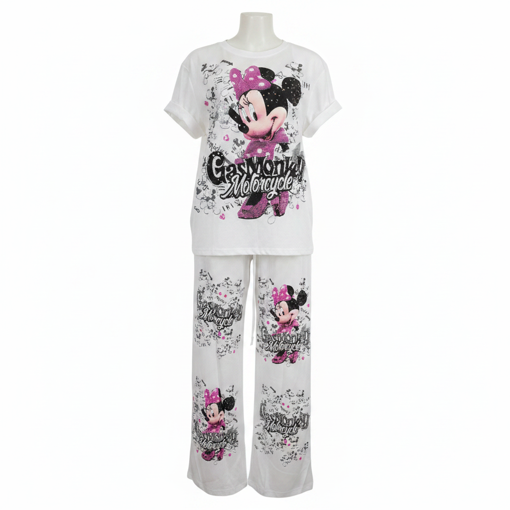 White rhinestone crystal cartoon character graphic tee and wide-leg trouser set ghost mannequin full outfit view