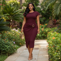 Women's Burgundy Belted Bodycon Midi Dress – Nigerian Female Model Shot