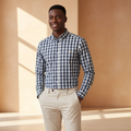 Nigerian model wearing Ralph Polo Navy Grey White Large Plaid Check Shirt