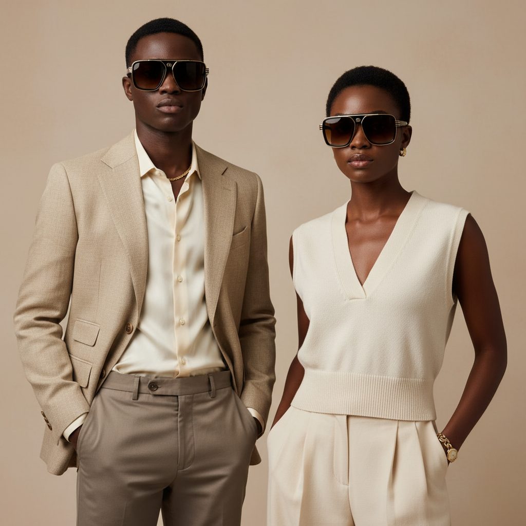 Male and female model lifestyle shot — Oversized Square Sunglasses Black Gold Trim Amber