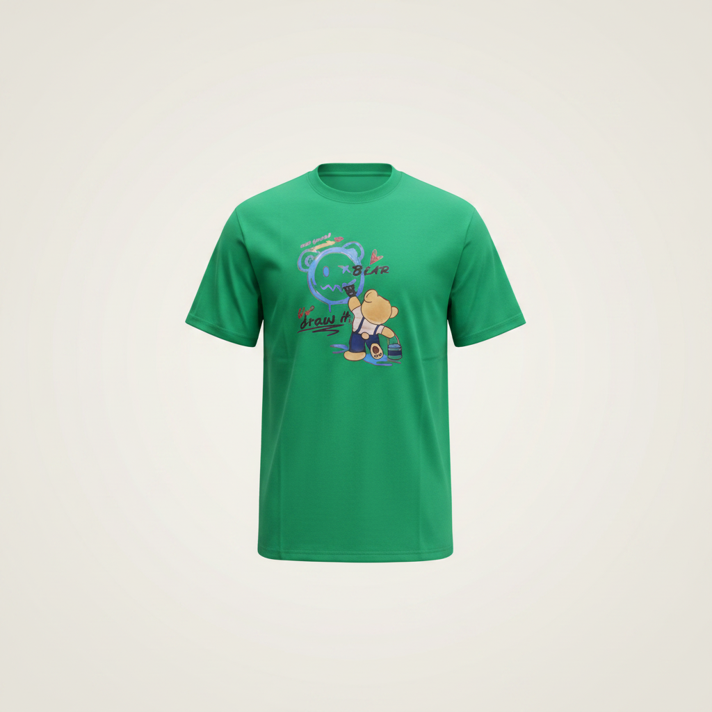 Men's green cartoon graphic T-shirt on a ghost mannequin
