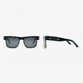 Unisex oversized square sunglasses with black frame, silver lower rim and dark grey lenses – front and side ghost mannequin view on white background