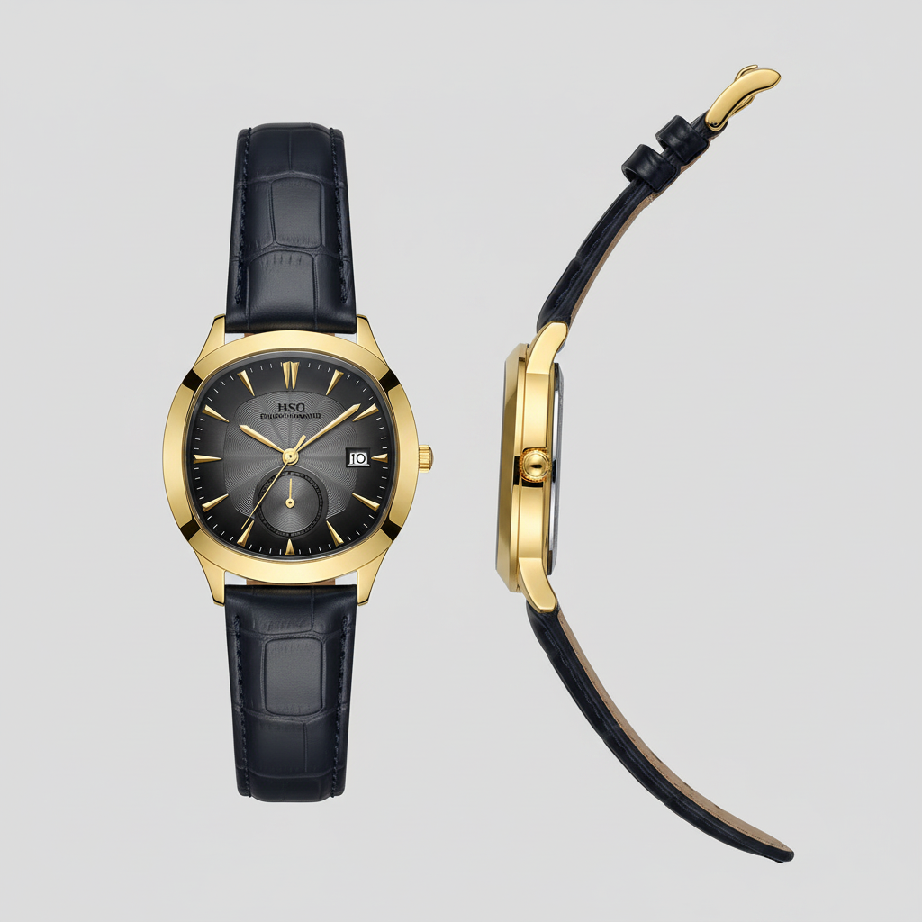 Gold-tone watch with charcoal sunray dial and navy textured strap shown from the front and side