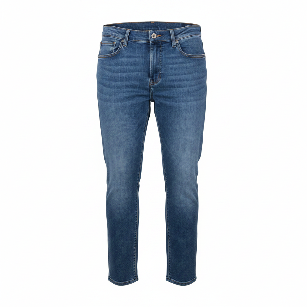 Men's medium blue wash straight denim jeans ghost mannequin front view on white background