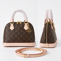 AI-generated front and side catalog views of a brown patterned dome handbag with blush pink trim