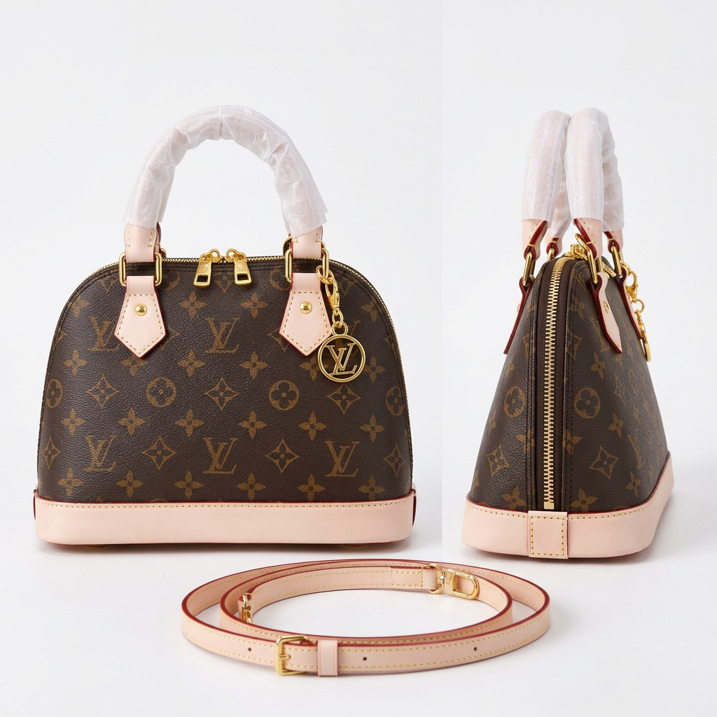 AI-generated front and side catalog views of a brown patterned dome handbag with blush pink trim