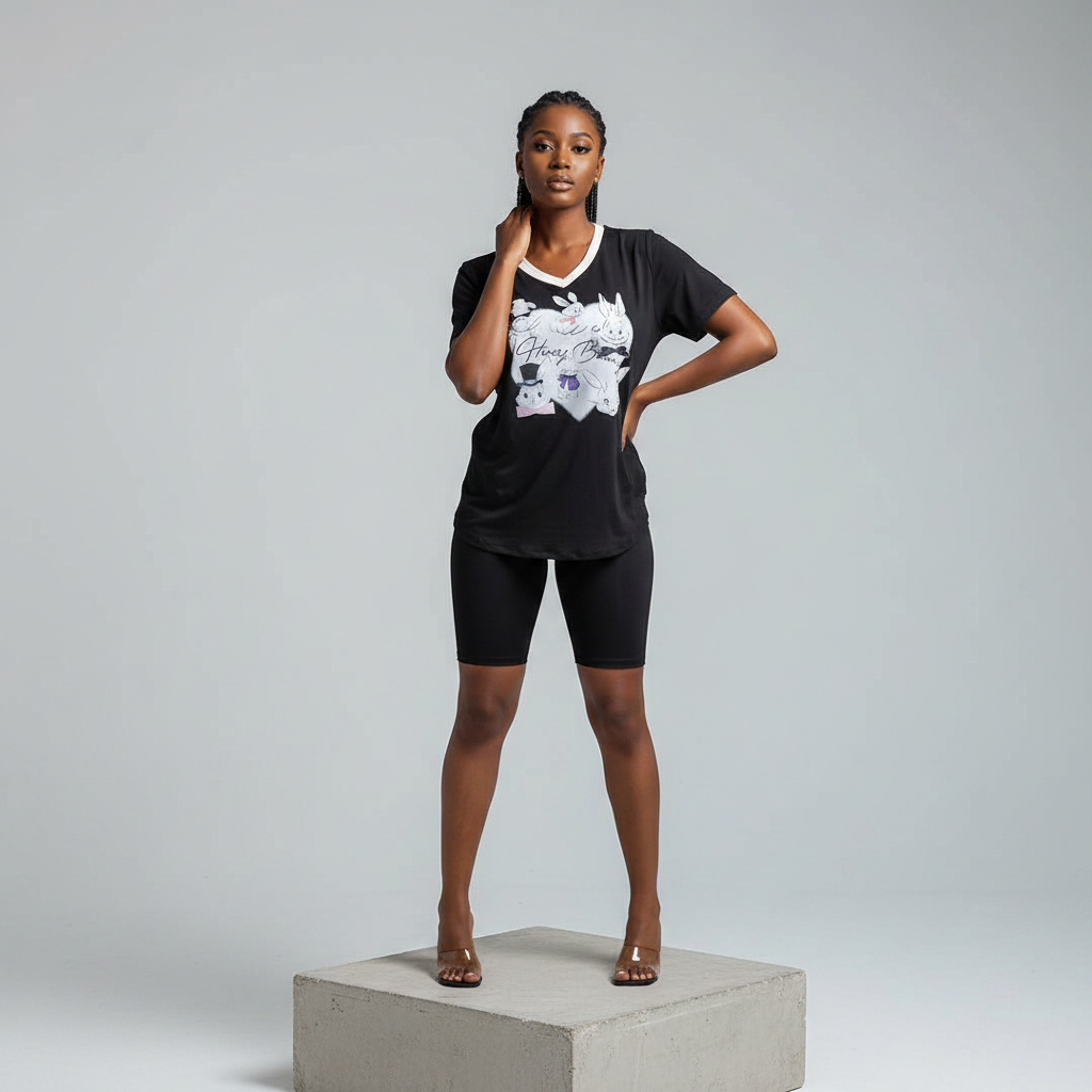 Black Honey Bunny Graphic Co-ord Set - Model Front View
