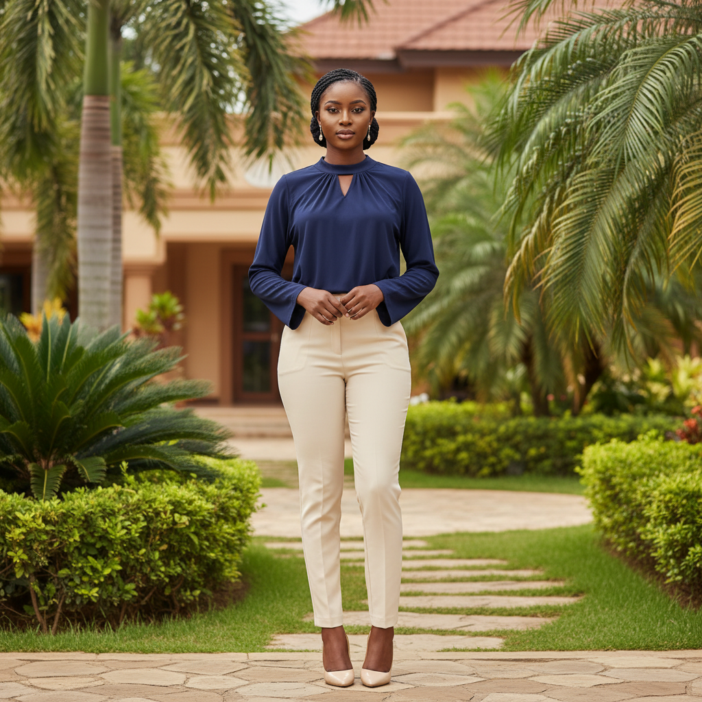 Women's navy blue long sleeve gathered neck top - model shot