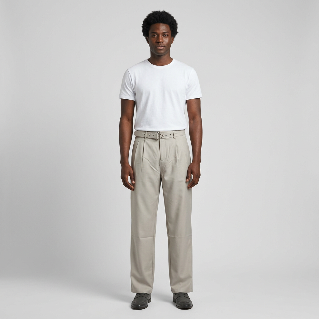 Full-body male model wearing light beige belted trousers
