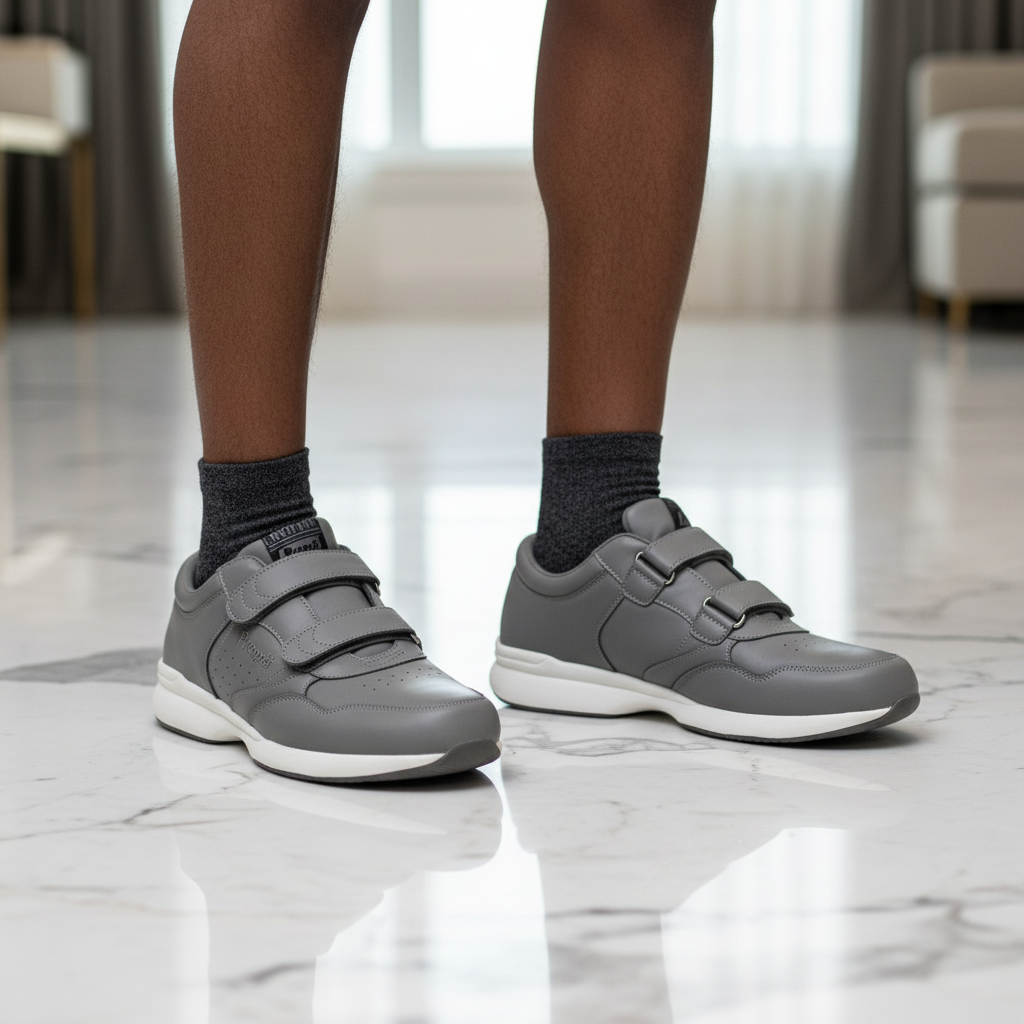 Propét Men's Ash Grey Double Velcro Sneaker – Model Shot