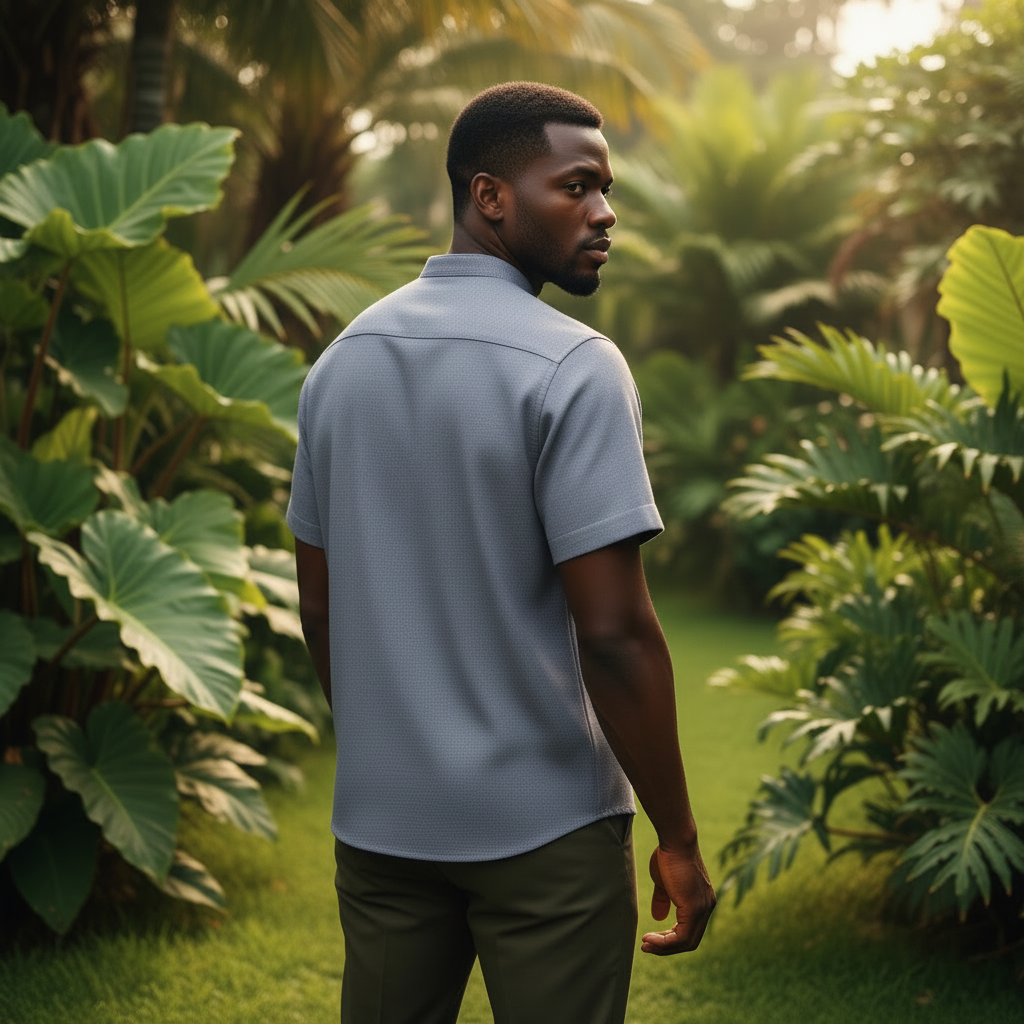 Nigerian model wearing Steel Grey Mandarin Collar Shirt – Back View