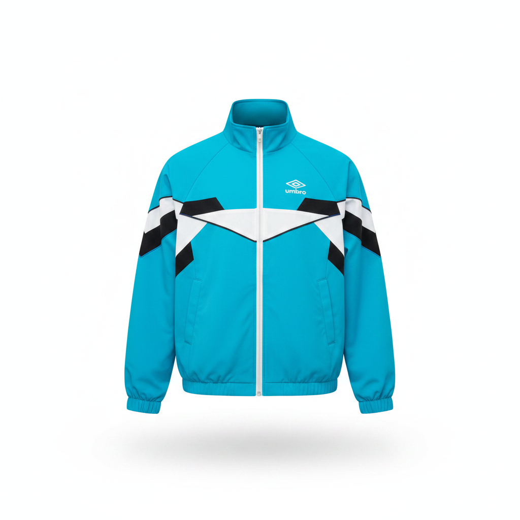 Ghost mannequin view of the cyan blue colourblock track jacket