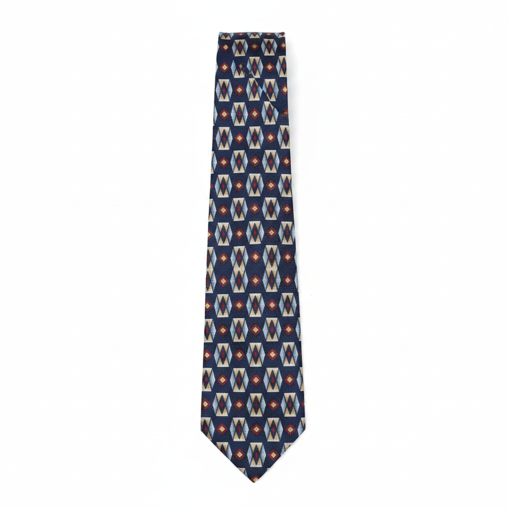 Men's navy blue geometric mosaic diamond woven necktie ghost mannequin white background