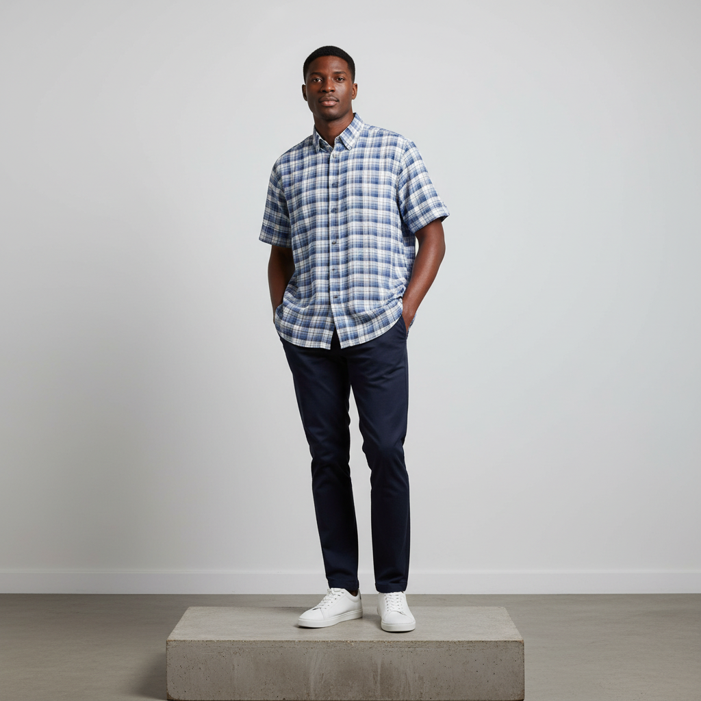 Blue White Plaid Short-Sleeved Shirt - Model Shot