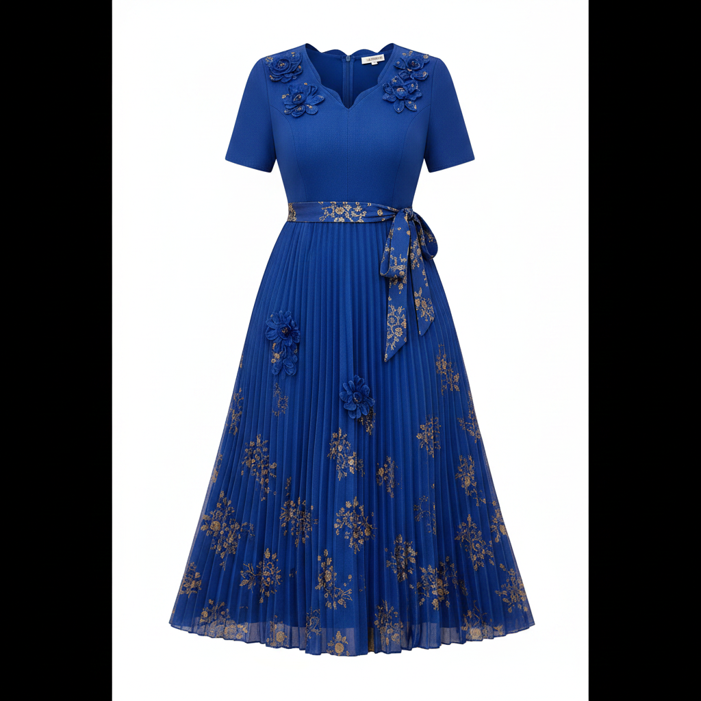 Ghost mannequin front view – Women's Royal Blue Gold Floral Pleated Midi Dress