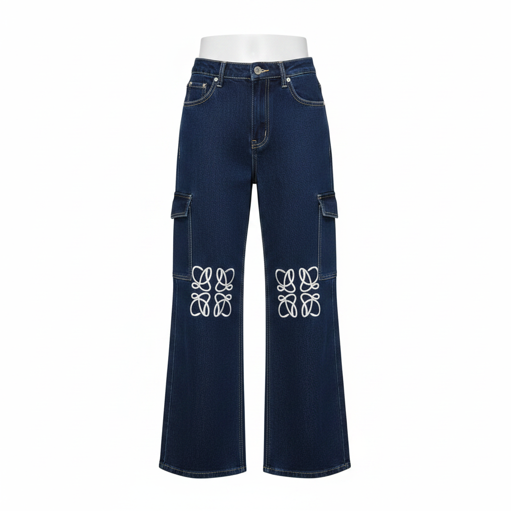 Navy Blue Cargo Wide-Leg Jeans with Floral Knee Embroidery - Ghost Mannequin Front