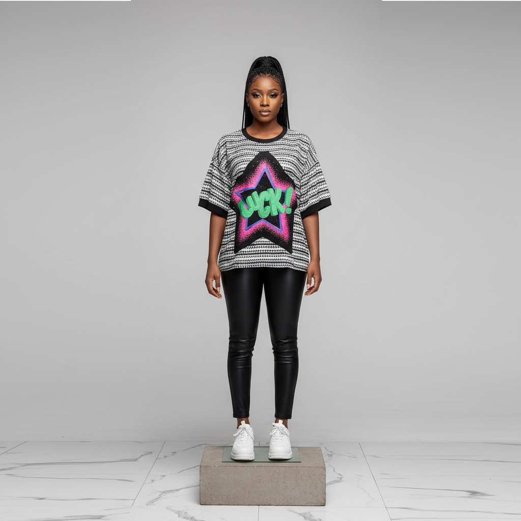 Houndstooth Star Graffiti Graphic Oversized Top - Model Front View