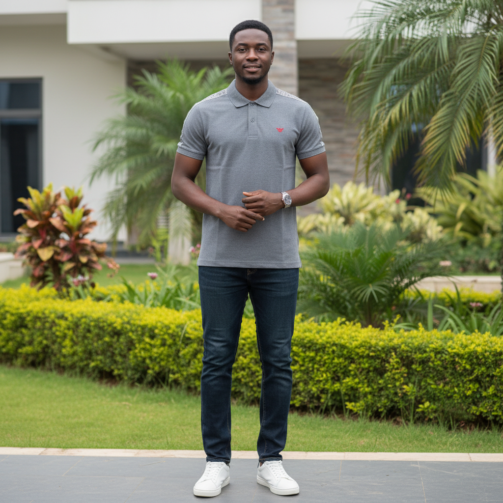 Nigerian male model wearing men's grey marl polo shirt with branded shoulder tape, garden setting
