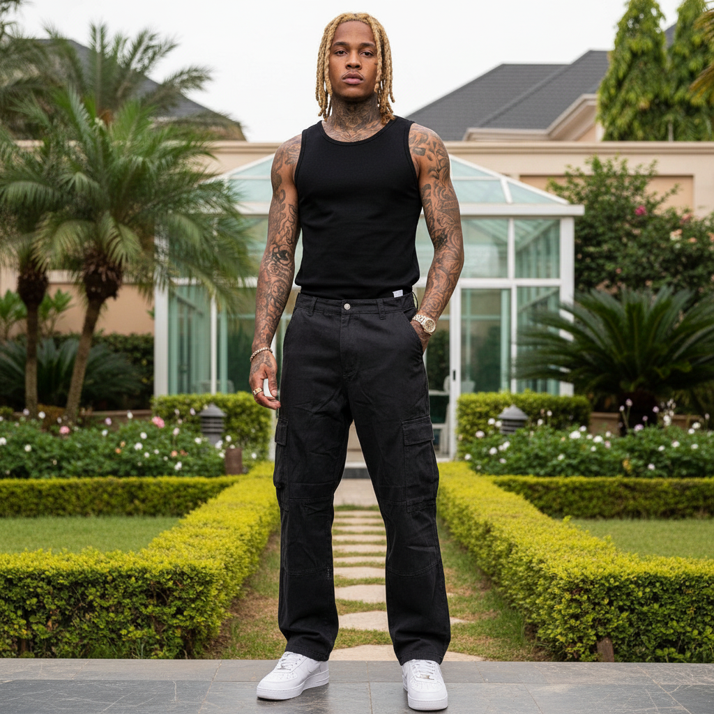 Nigerian male model wearing black multi-pocket straight-leg cargo pants