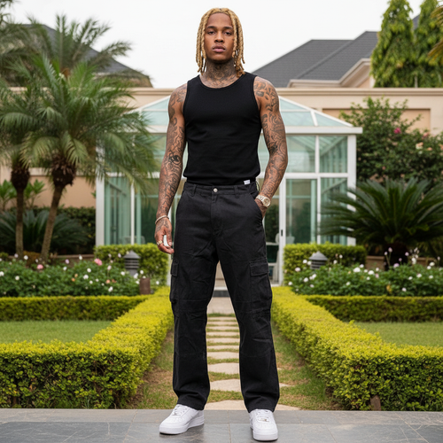 Nigerian male model wearing black multi-pocket straight-leg cargo pants