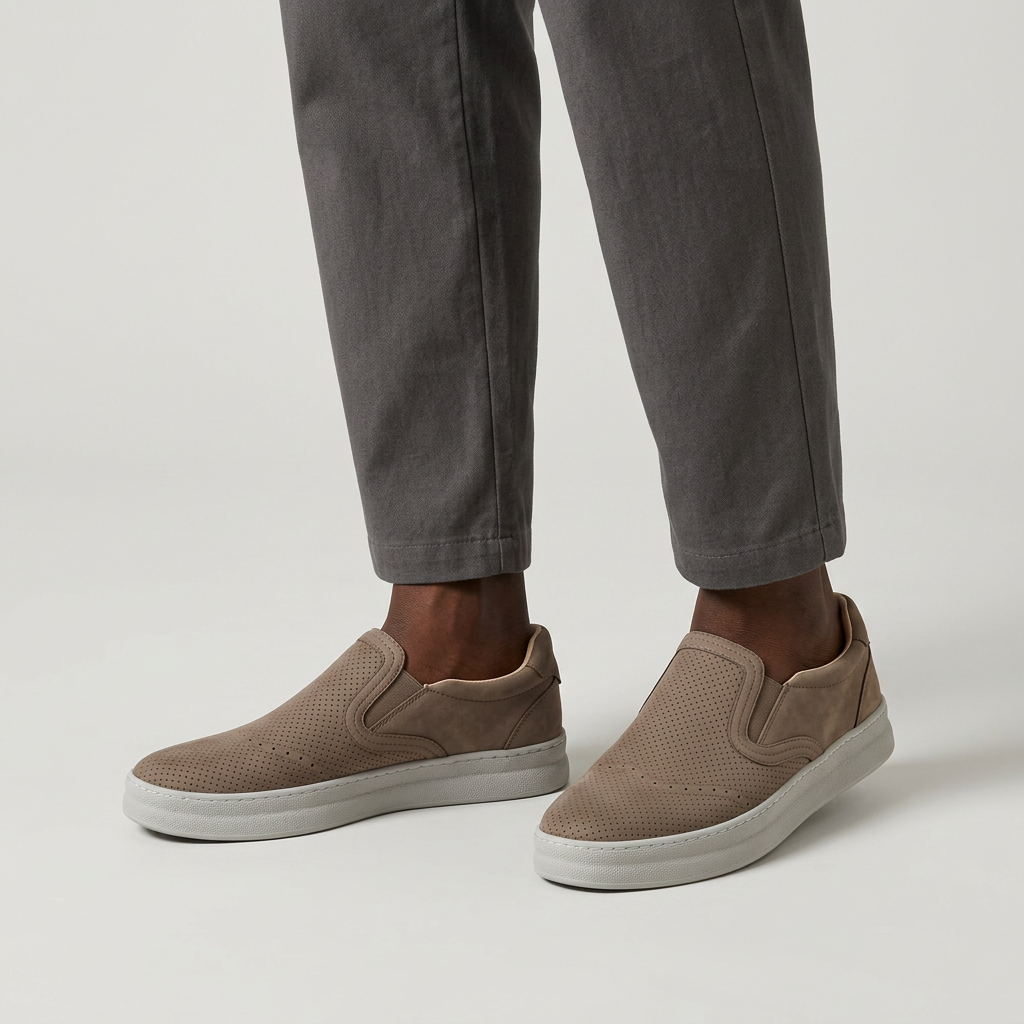 Men's taupe perforated slip-on sneakers with chunky platform sole worn with relaxed-fit trousers, plain studio background