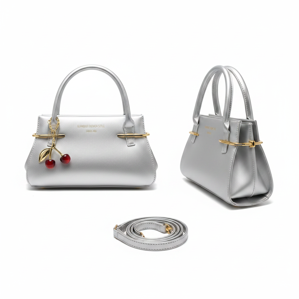 Silver metallic leather mini handbag ghost mannequin front and side view with red cherry charm and crossbody strap