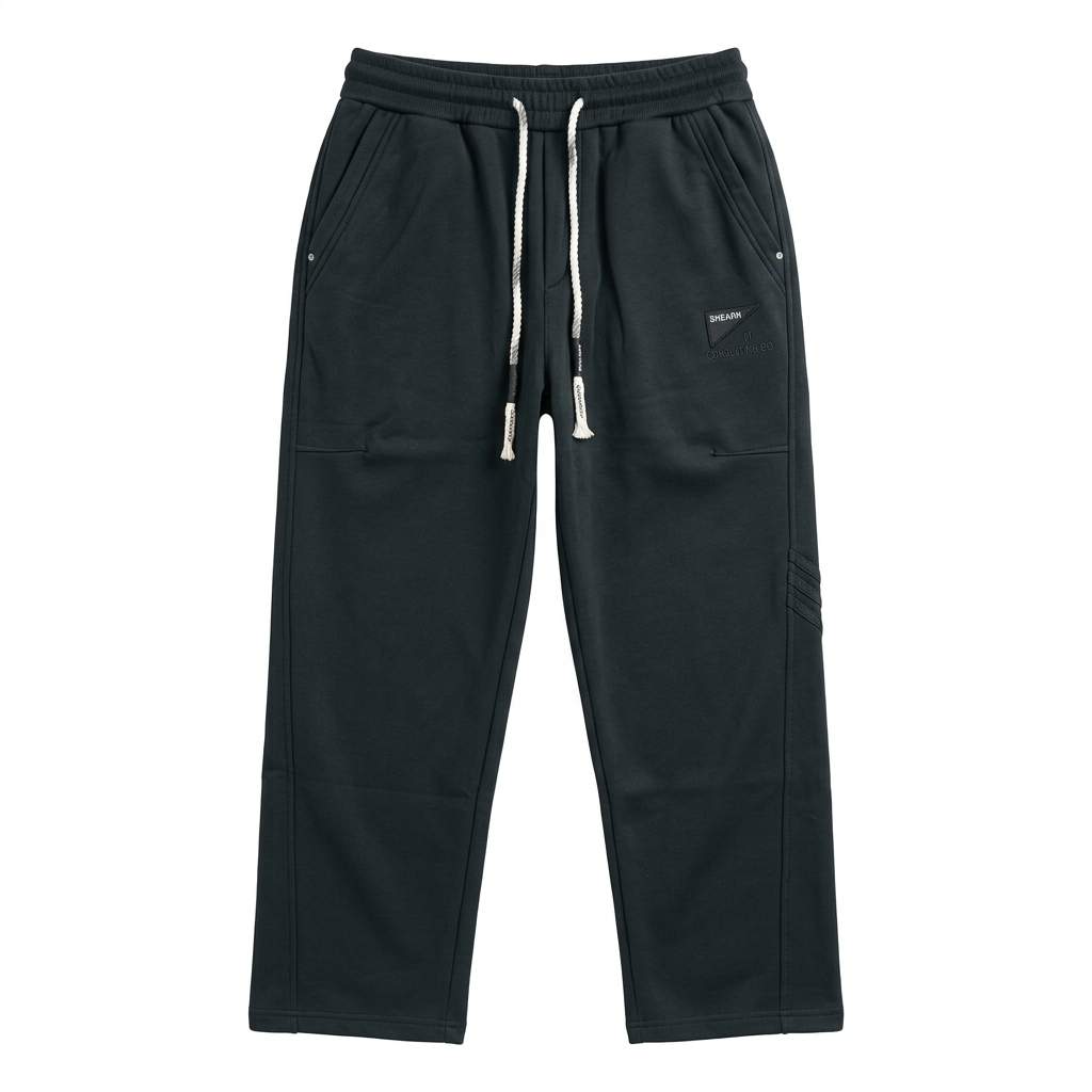 Men’s dark charcoal joggers with white rope drawstrings and seam detailing, generated ghost mannequin view