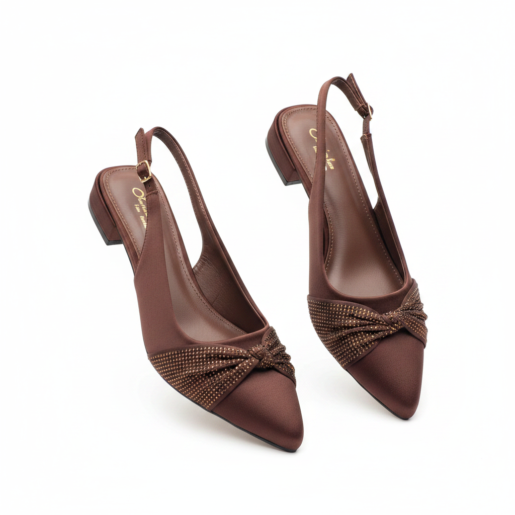 Women's brown chocolate crystal bow pointed-toe slingback block heel sandal — ghost mannequin pair view