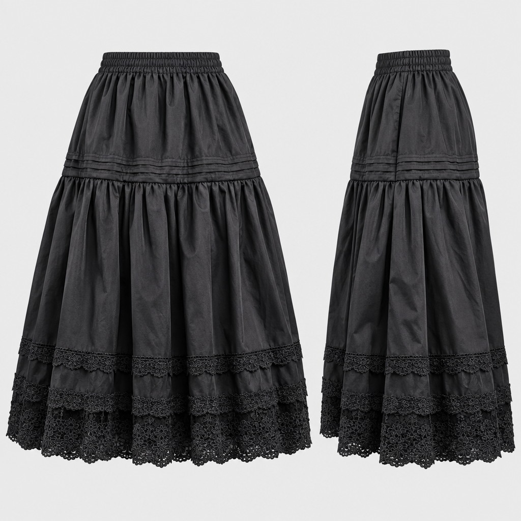 Girls black tiered skirt with lace hem front and side views