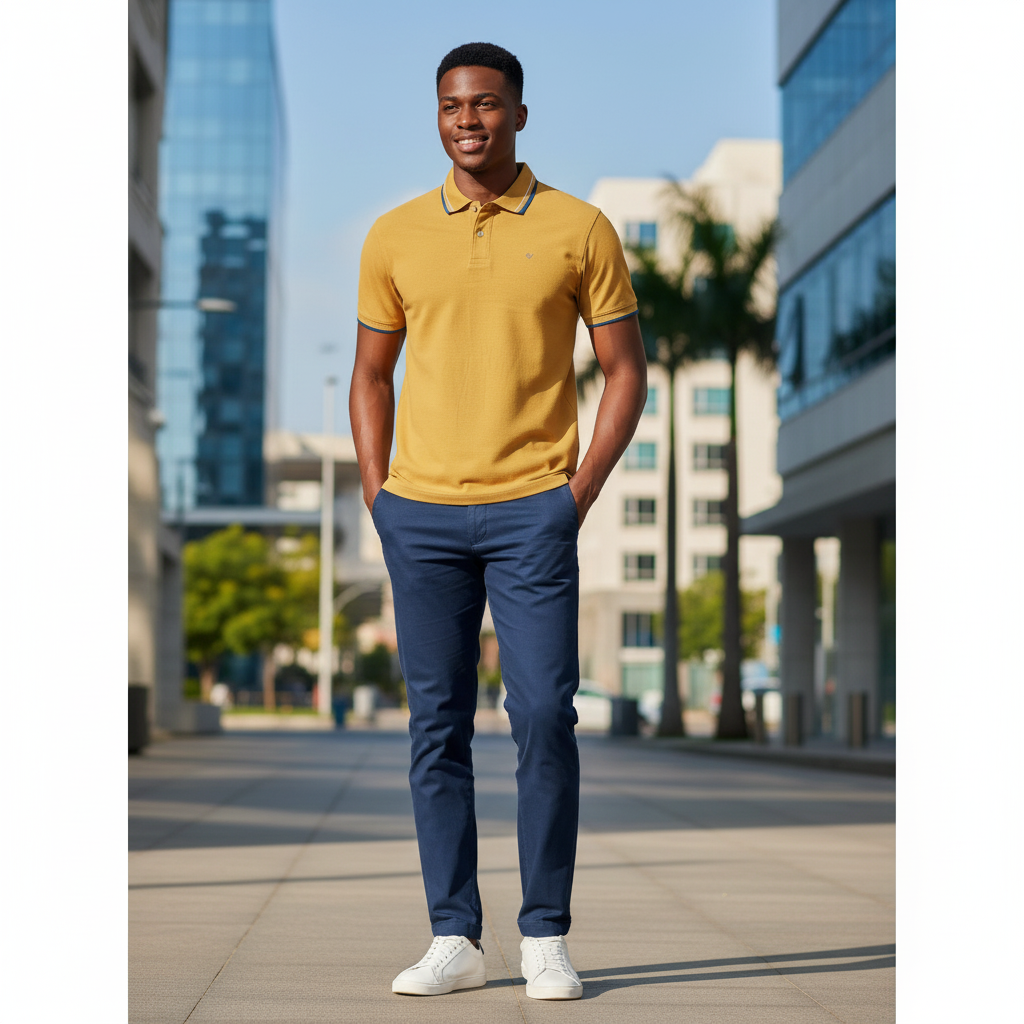 Young Nigerian male model wearing mustard yellow tipped polo shirt