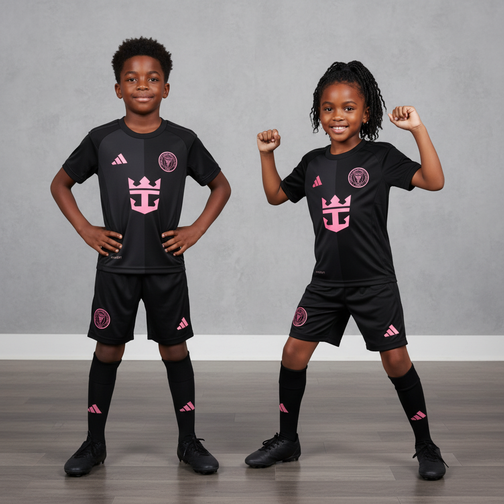 Black Nigerian boy and girl wearing the black and pink crown football jersey and shorts matching the ghost mannequin design