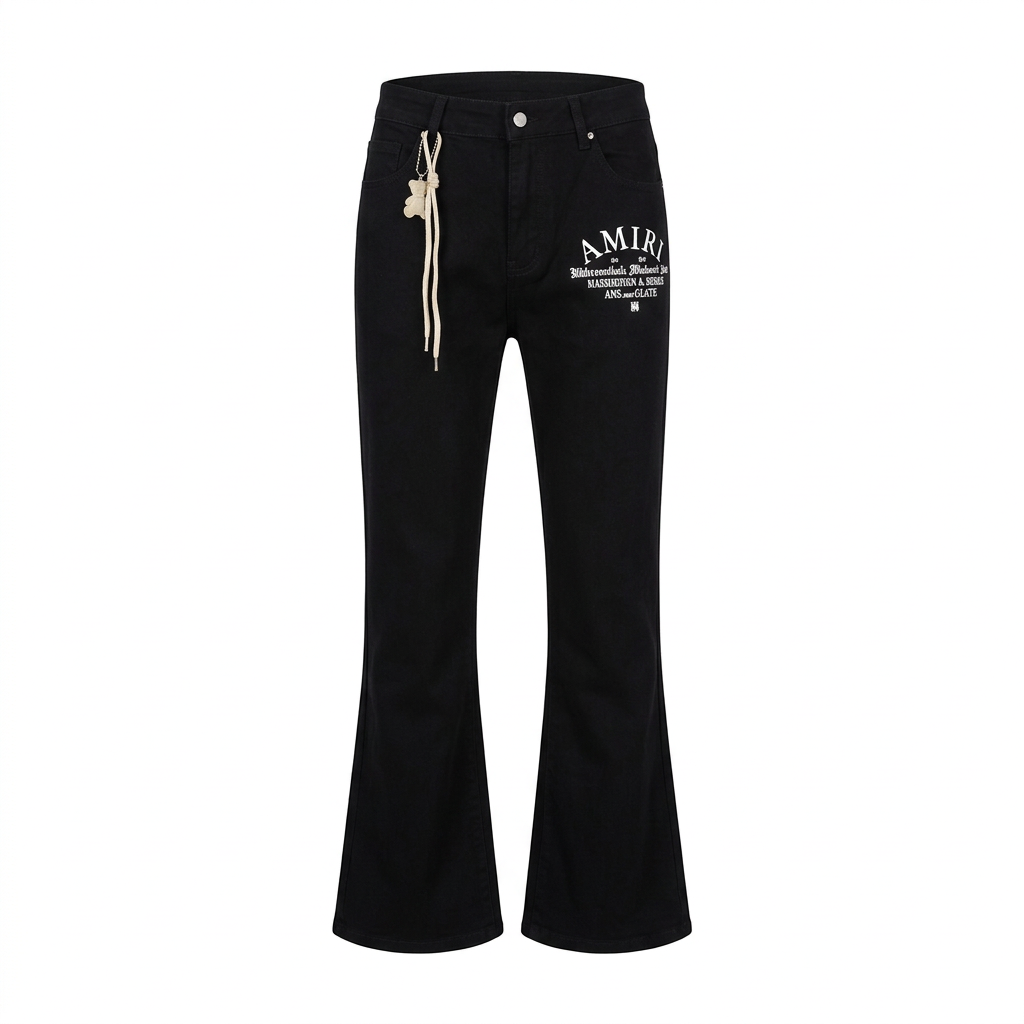 Black graphic flare leg trousers on white background