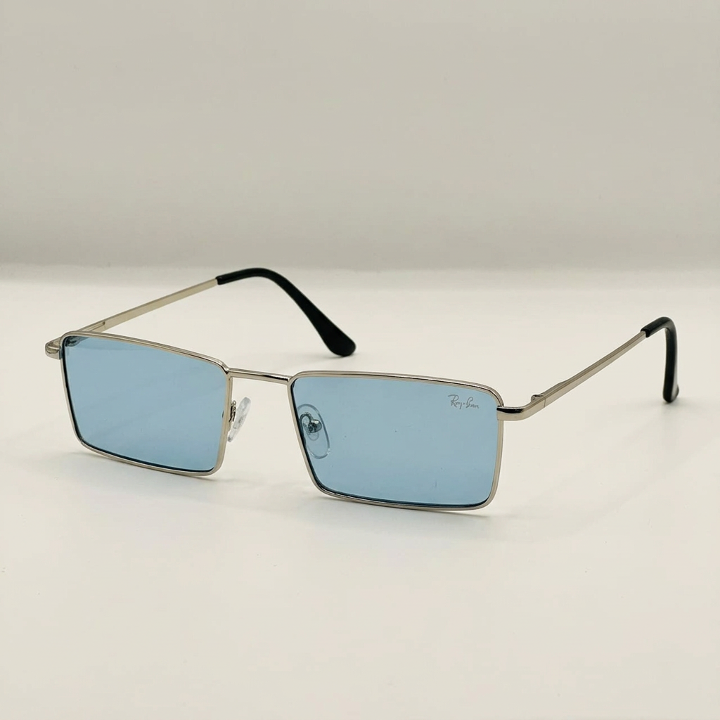 AI-edited silver-tone rectangular sunglasses with blue lenses