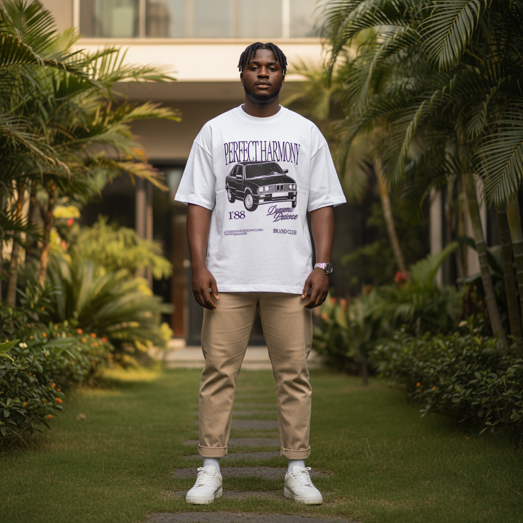 Men's White Oversized Vintage Car Graphic Tee – Nigerian Male Model Shot