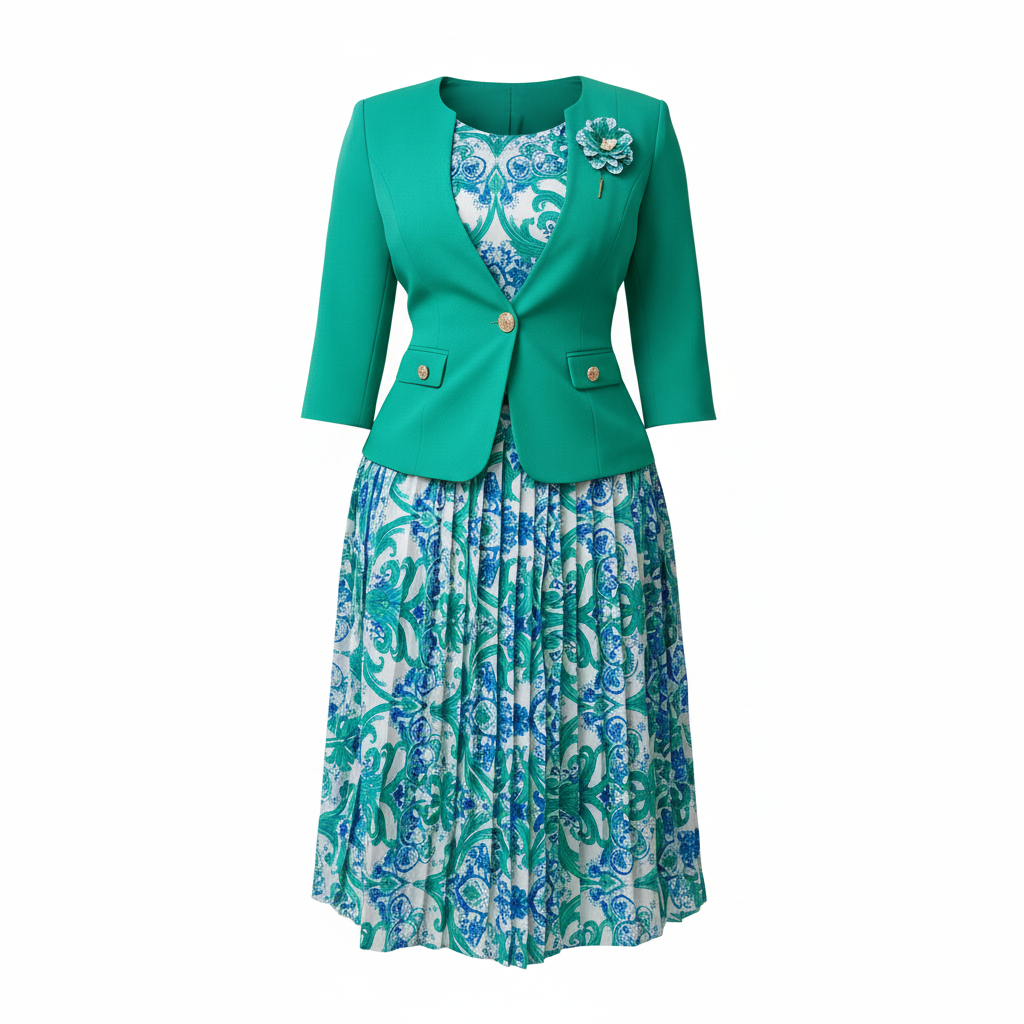 Emerald Green Blazer & Teal Baroque Pleated Midi Dress Set – Ghost Mannequin