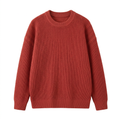 Brick-red textured crew-neck knit sweater with long sleeves and ribbed trims