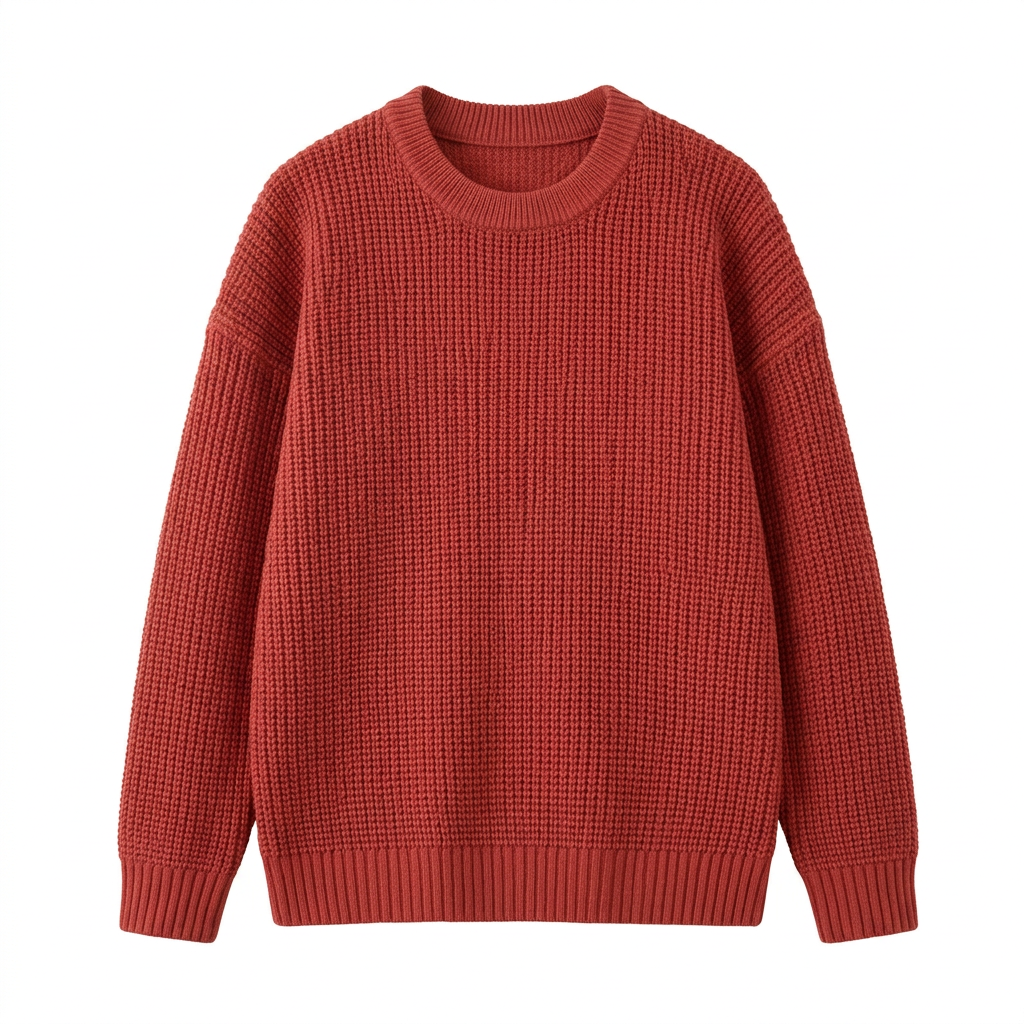 Brick-red textured crew-neck knit sweater with long sleeves and ribbed trims
