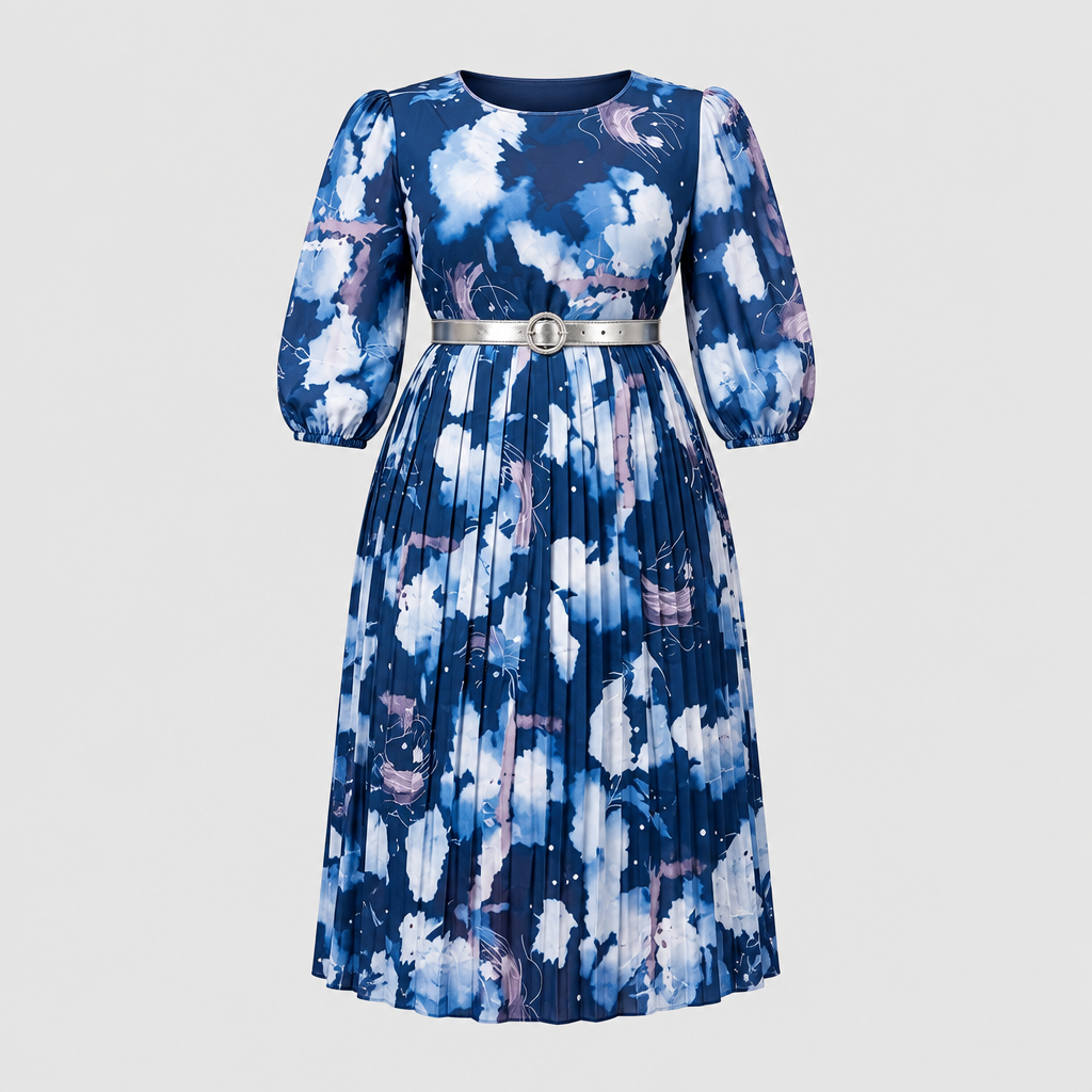Blue abstract-print pleated midi dress with silver belt