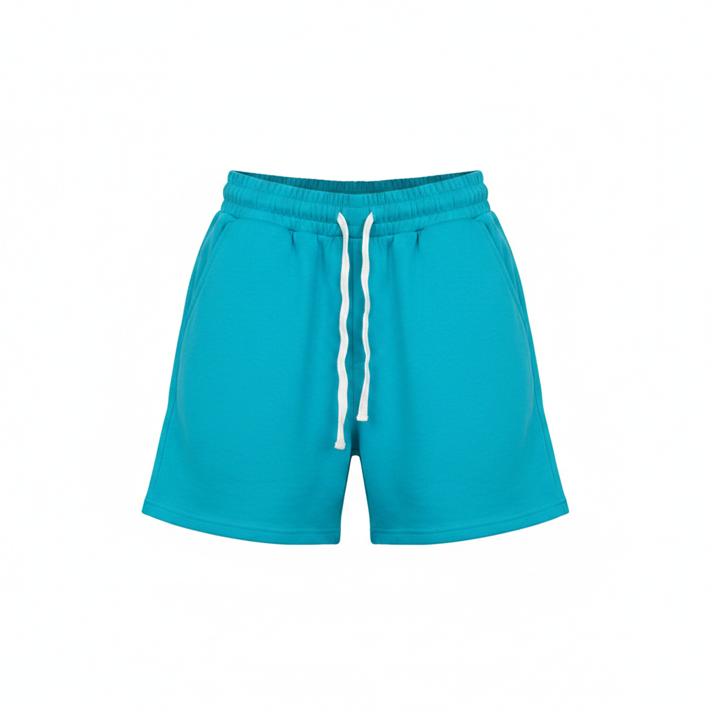 Ghost mannequin front view of teal turquoise plain fleece drawstring shorts