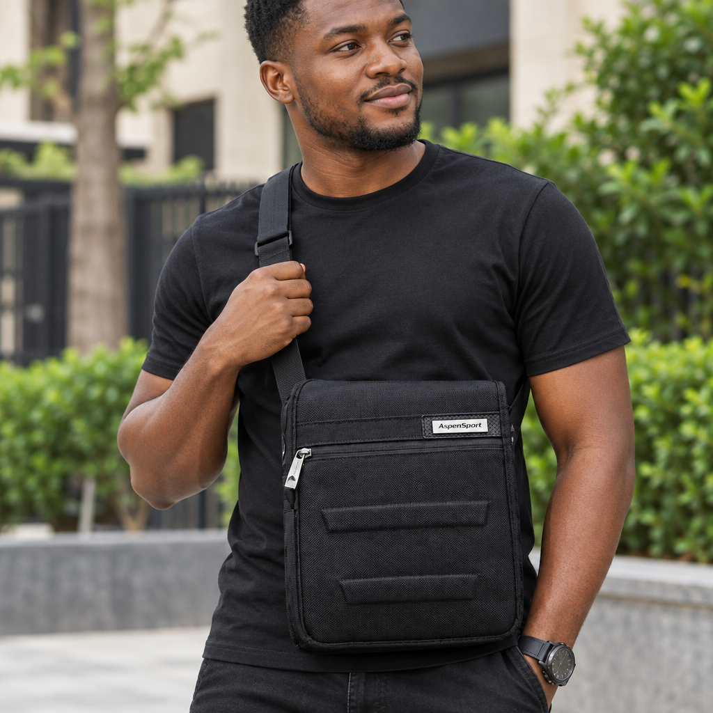 Nigerian man wearing black crossbody bag in close view