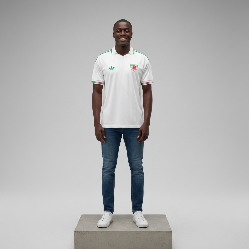 Nigerian male model wearing white retro polo football jersey on concrete plinth