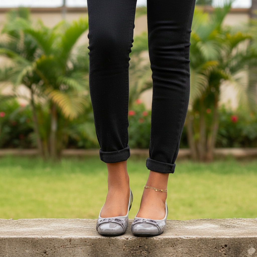 Women's grey croc flat pumps – Nigerian female model leg shot