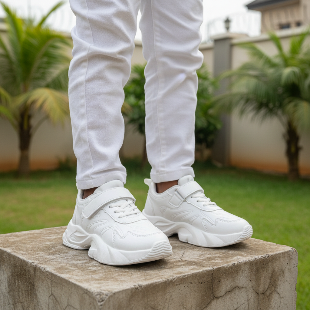 Kids all-white chunky velcro sneaker - leg focus model shot