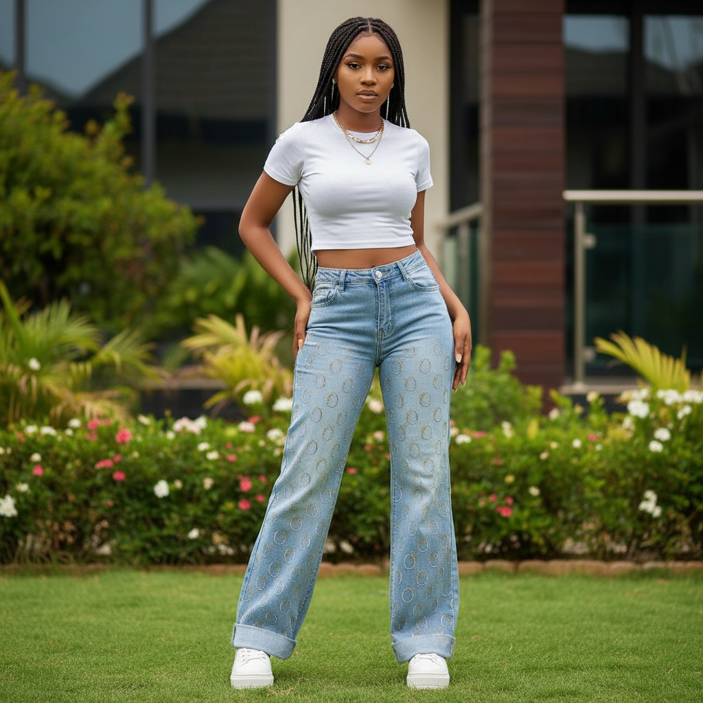 Women's light blue rhinestone circle wide-leg flare jeans — Nigerian female model lifestyle shot