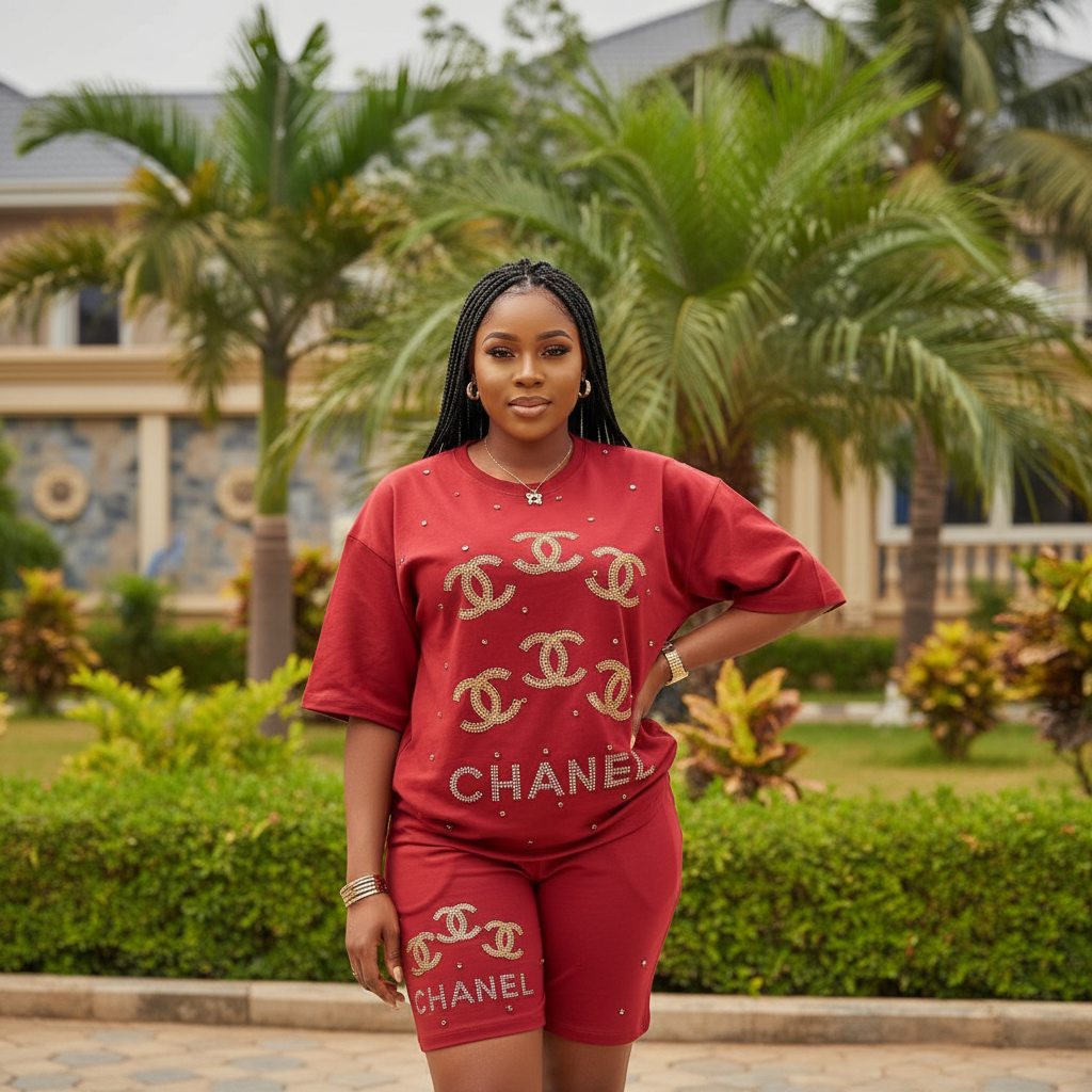 Women's Red Designer Logo Co-ord Set — Model Shot